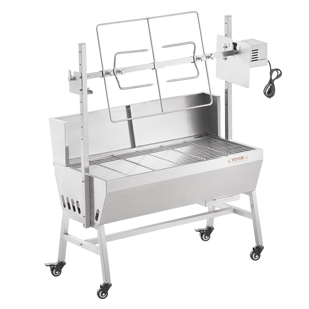 VEVOR Rotisserie Grill with Windscreen, BBQ Whole Pig Lamb Goat Charcoal Spit Grill, 35 Inch 90 Lbs Capacity, Electric 42W Motor Stainless Steel Roaster with Lockable Wheels, for Camping Outdoor