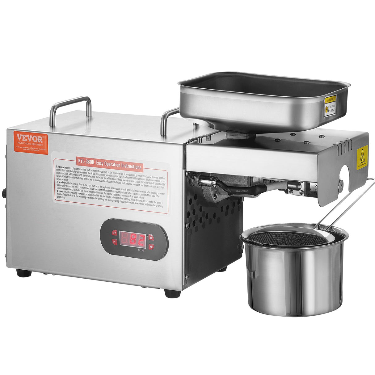 VEVOR Electric Oil Press Machine, 850W Stainless Steel Oil Extractor Machine, Adjustable Temperature, Hot Press Oil Expeller for Pressing Peanuts,