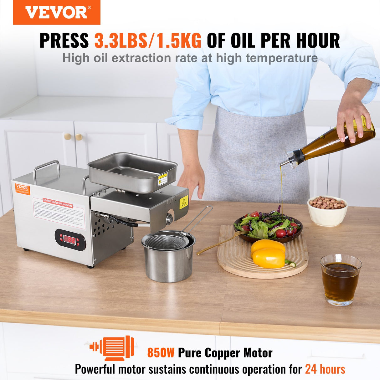 VEVOR Electric Oil Press Machine, 850W Stainless Steel Oil Extractor Machine, Adjustable Temperature, Hot Press Oil Expeller for Pressing Peanuts, Sesame Seeds, Rapeseed, Tea Seeds