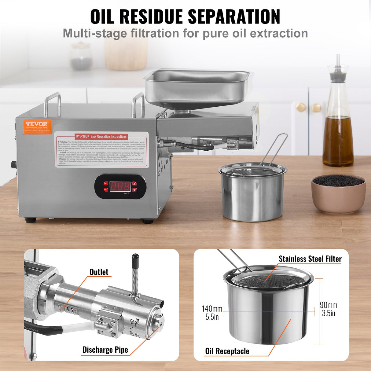VEVOR Electric Oil Press Machine, 850W Stainless Steel Oil Extractor Machine, Adjustable Temperature, Hot Press Oil Expeller for Pressing Peanuts,