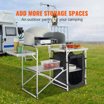 Camping Kitchen Table, Folding Outdoor Cooking Table with Storage Carrying Bag, Aluminum Cook Station 1 Cupboard & Detachable Windscreen, Quick Set-up for Picnics, BBQ, RV Traveling, Black