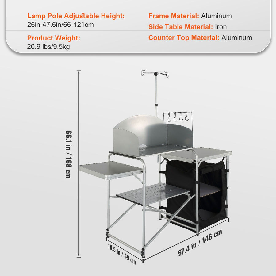 Camping Kitchen Table, Folding Outdoor Cooking Table with Storage Carrying Bag, Aluminum Cook Station 1 Cupboard & Detachable Windscreen, Quick Set-up for Picnics, BBQ, RV Traveling, Black