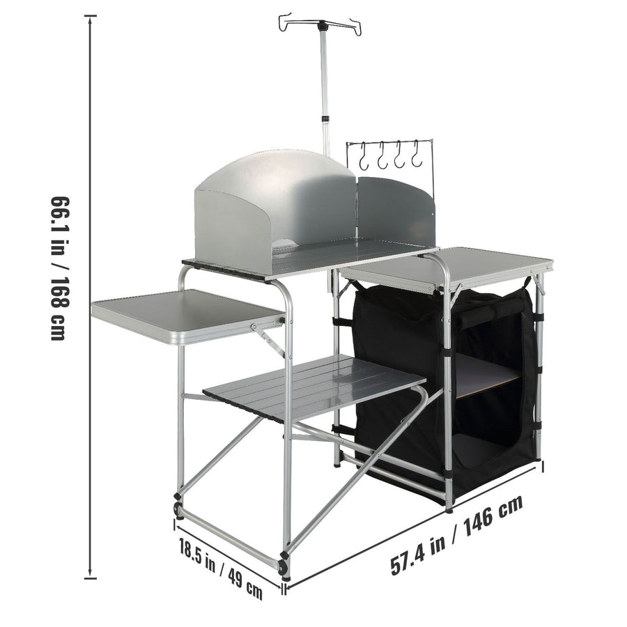 Camping Kitchen Table, Folding Outdoor Cooking Table with Storage Carrying Bag, Aluminum Cook Station 1 Cupboard & Detachable Windscreen, Quick Set-up for Picnics, BBQ, RV Traveling, Black