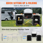 Camping Kitchen Table, Folding Outdoor Cooking Table with Storage Carrying Bag, Aluminum Cook Station 3 Cupboard & Detachable Windscreen, Quick Set-up for Picnics, BBQ, RV Traveling, Black