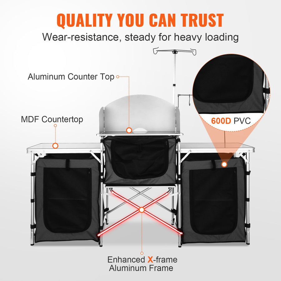 Camping Kitchen Table, Folding Outdoor Cooking Table with Storage Carrying Bag, Aluminum Cook Station 3 Cupboard & Detachable Windscreen, Quick Set-up for Picnics, BBQ, RV Traveling, Black