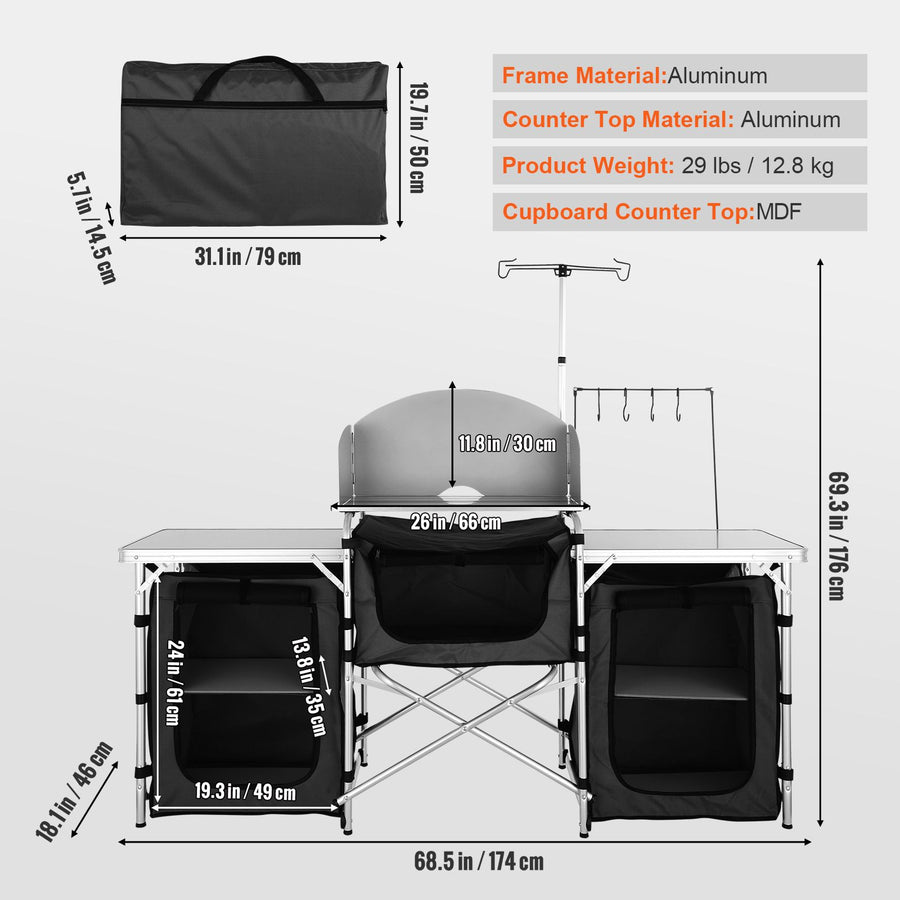 Camping Kitchen Table, Folding Outdoor Cooking Table with Storage Carrying Bag, Aluminum Cook Station 3 Cupboard & Detachable Windscreen, Quick Set-up for Picnics, BBQ, RV Traveling, Black
