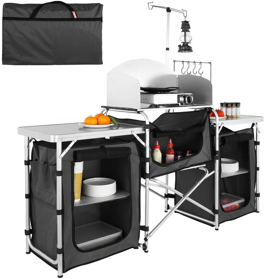 Camping Kitchen Table, Folding Outdoor Cooking Table with Storage Carrying Bag, Aluminum Cook Station 3 Cupboard & Detachable Windscreen, Quick Set-up for Picnics, BBQ, RV Traveling, Black
