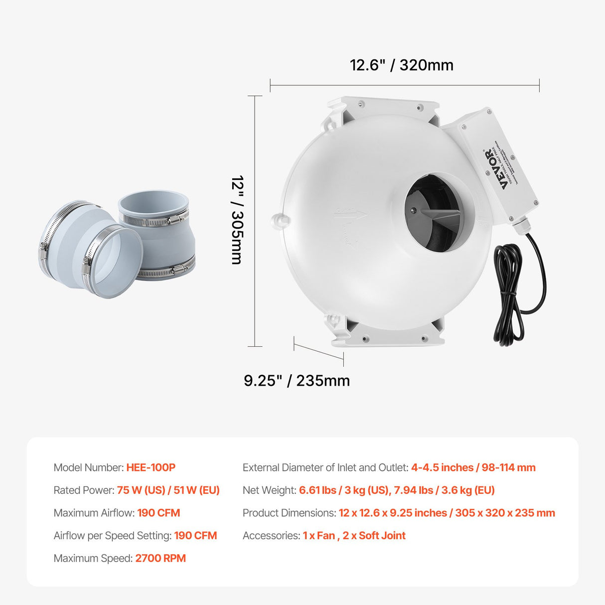 VEVOR 4" to 4.5" Radon Mitigation Fan System Quiet 190CFM Inline Duct Waterproof