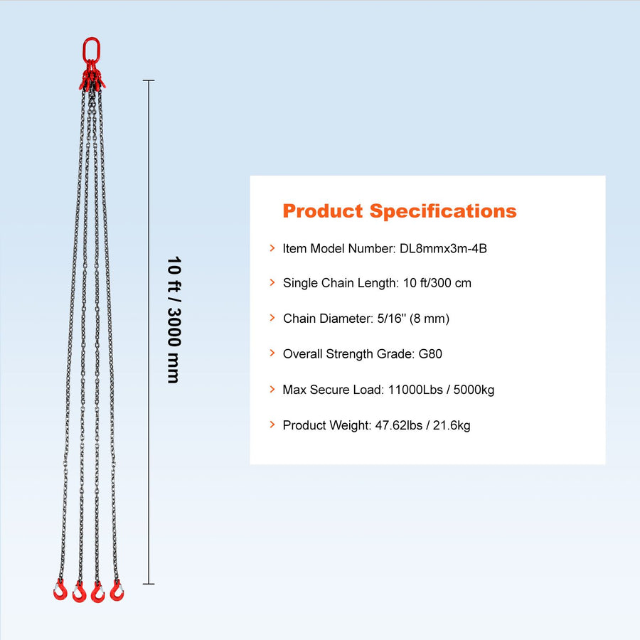 Chain Sling, 8 mm x 300 cm Lifting Chains with Hooks, G80 Engine Chain Hoist Lifts, 5 Ton Lifting Sling, image 7