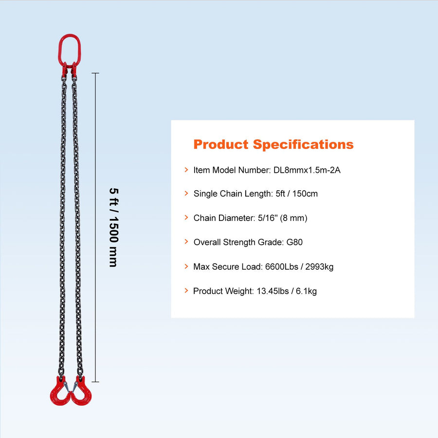 Chain Sling, 8 mm x 150 cm Lifting Chains with Hooks, G80 Engine Chain Hoist Lifts, 3 Ton Capacity Lifting Sling Chains for Engine Hoist, Engine Lift Chain with 2 Leg Grab Hooks, Heavy Duty