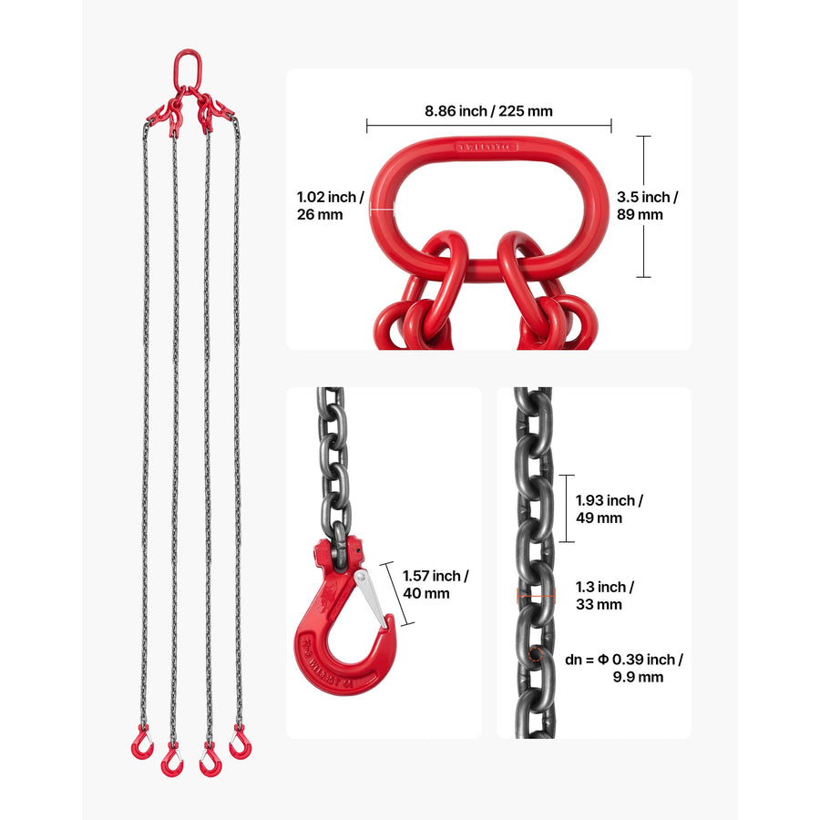 Chain Sling, 10mm x 3 m Lifting Chains with 4 Leg Grab Hooks, Heavy Duty G80 Alloy Steel Lifting Sling, 10.4, Adjustable