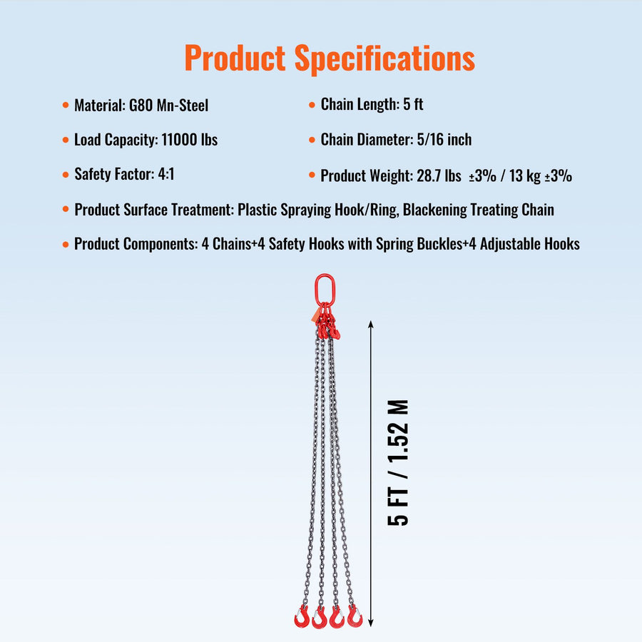 Chain Sling, 8 mm x 150 cm Lifting Chains with Hooks, G80 Engine Chain Hoist Lifts, 5 Ton Lifting Sling, image 7