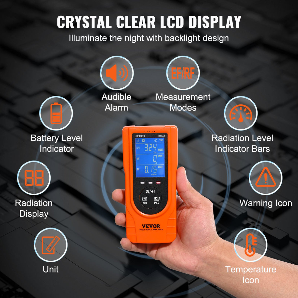 VEVOR 3-in-1 EMF Meter, 5Hz - 3.5GHz, Handheld Rechargeable Electromagnetic Field Radiation Detector, Digital LCD EMF Tester for EF MF RF Home