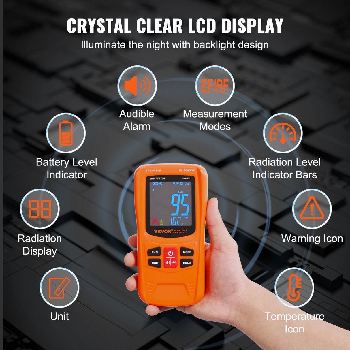 VEVOR 3-in-1 EMF Meter, 5Hz-6GHz, Handheld Rechargeable Electromagnetic Field Radiation Detector, Digital LCD EMF Tester for EF MF RF Home Inspections