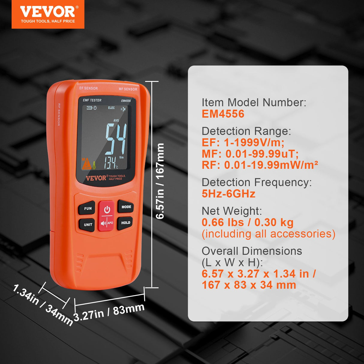 VEVOR 3-in-1 EMF Meter, 5Hz-6GHz, Handheld Rechargeable Electromagnetic Field Radiation Detector, Digital LCD EMF Tester for EF MF RF Home Inspections