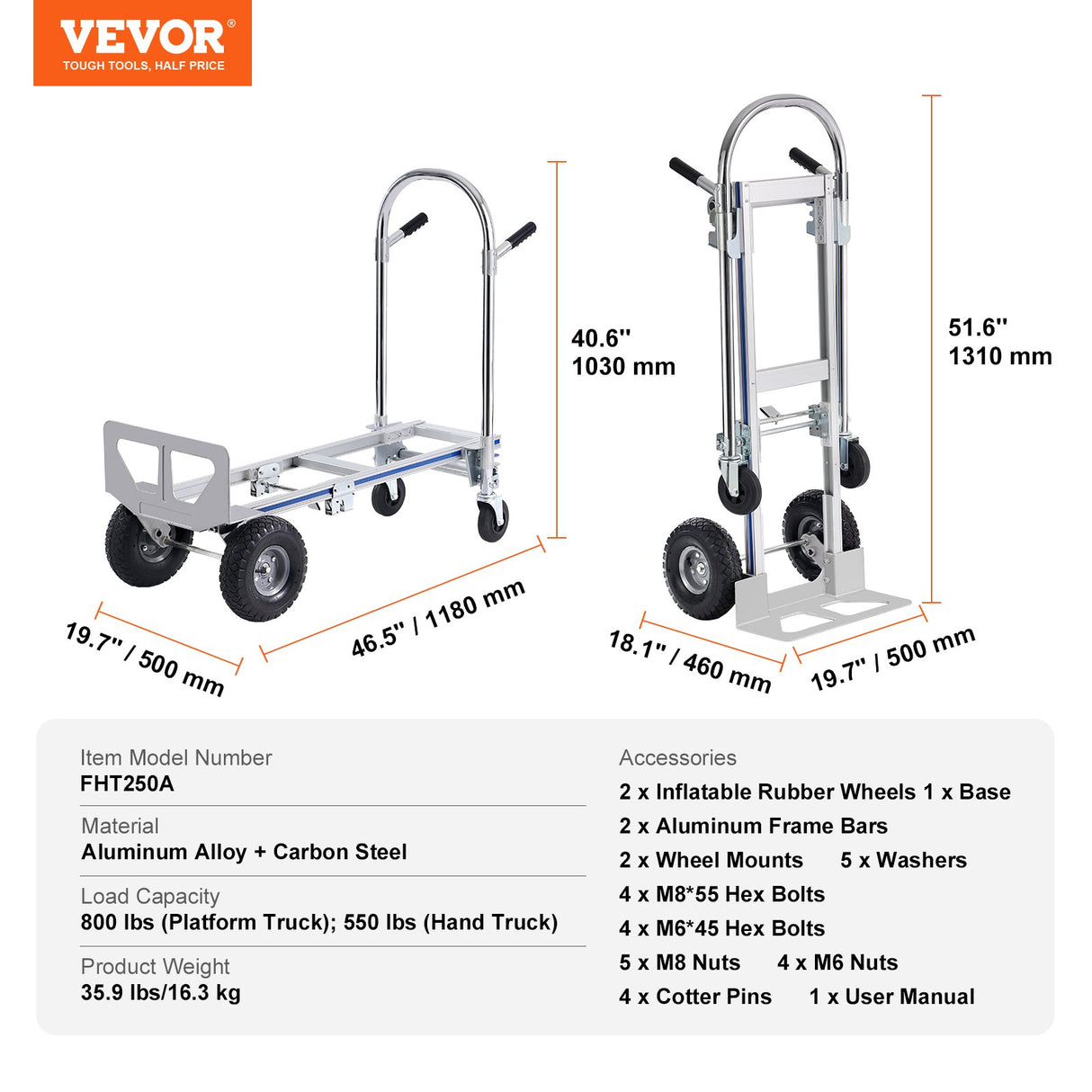 VEVOR Aluminum Hand Truck, 2 in 1, 363 kg Max Load Capacity, Heavy Duty Industrial Convertible Folding Hand Truck and Dolly, Utility Cart Converts