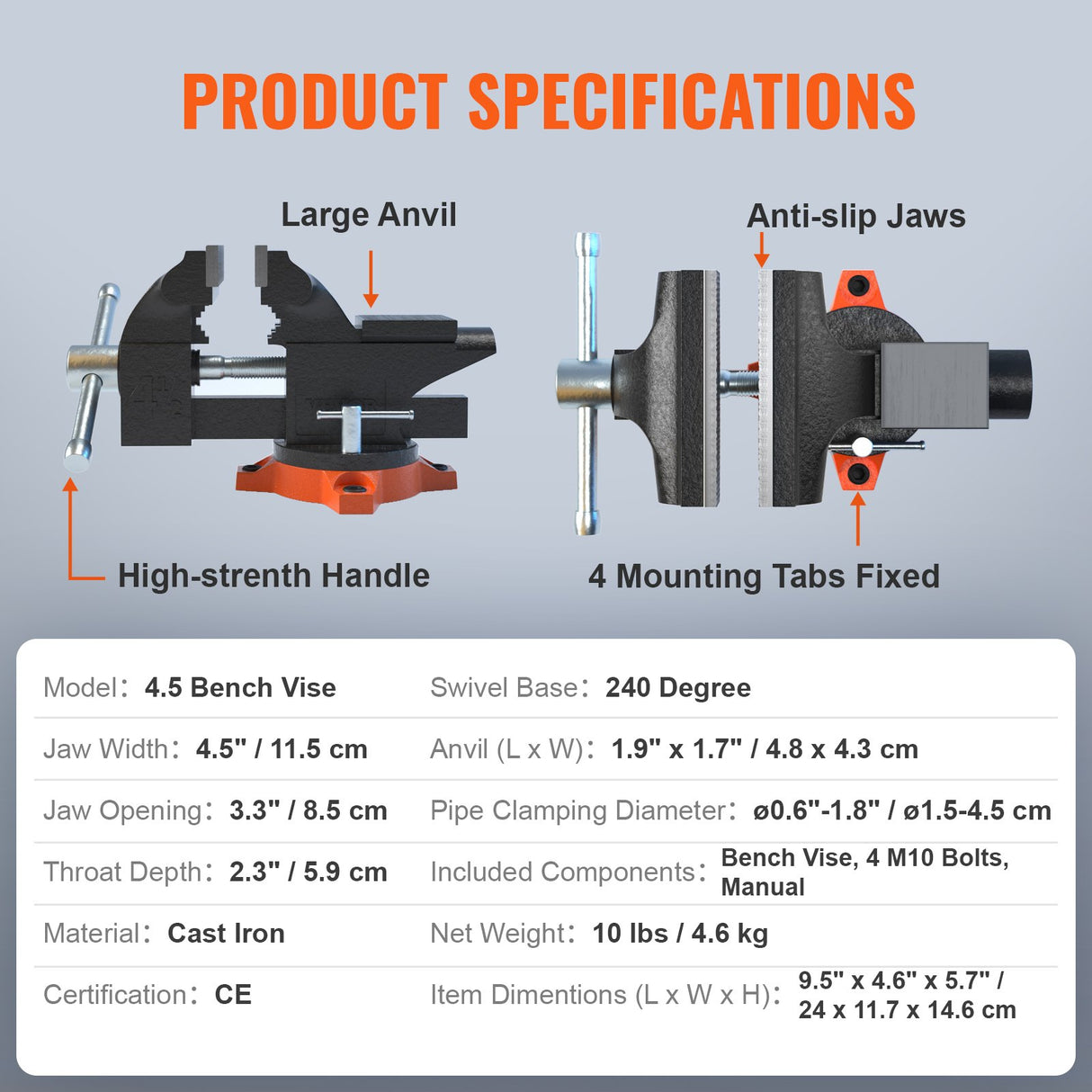 VEVOR 4.5" Bench Vice w/ Anvil 240°Swivel Base Heavy Duty Multipurpose Vice