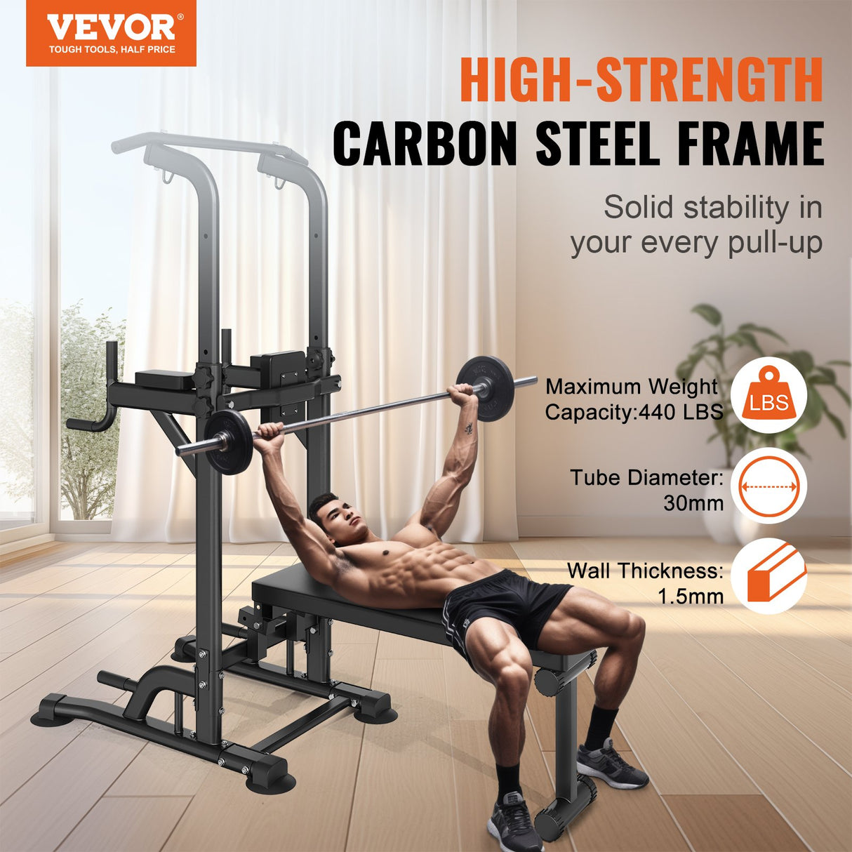 VEVOR Power Tower with Bench, 10-Level Height Adjustable Pull Up Bar Stand Dip Station & Detachable Bench, Multi-Function Home Gym Strength Training