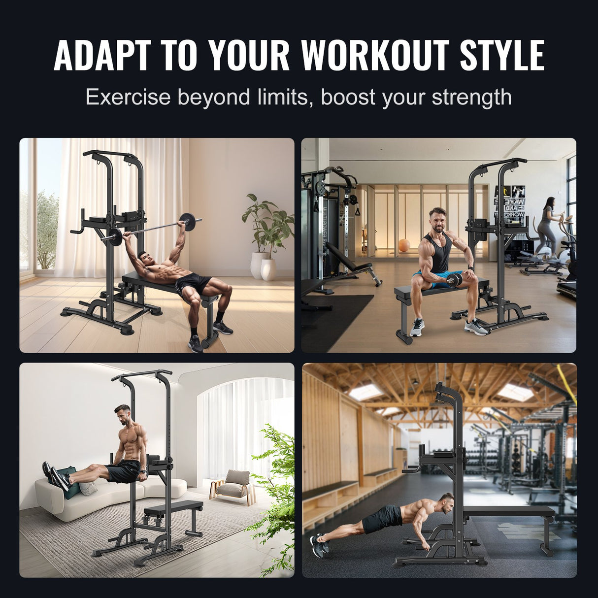VEVOR Power Tower with Bench, 10-Level Height Adjustable Pull Up Bar Stand Dip Station & Detachable Bench, Multi-Function Home Gym Strength Training