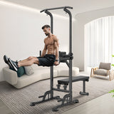 VEVOR Power Tower with Bench, 10-Level Height Adjustable Pull Up Bar Stand Dip Station & Detachable Bench, Multi-Function Home Gym Strength Training Fitness Equipment with Backrest, Elbow Pads, 440LBS - Low Angle