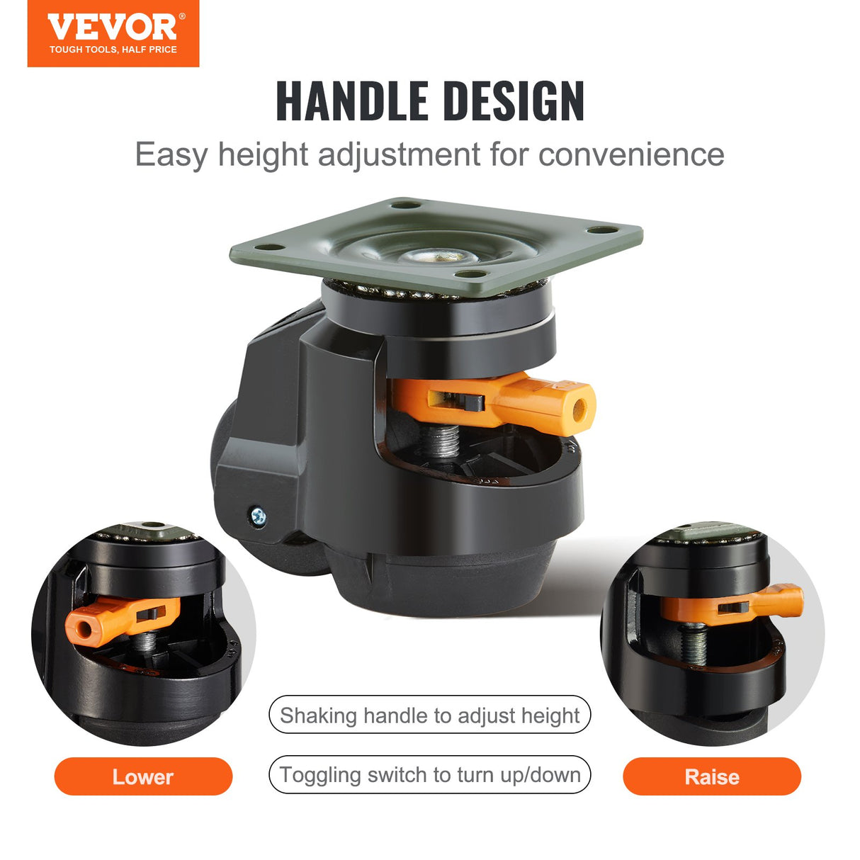 VEVOR Leveling Casters, Set of 4, 1000 kg Total Load Capacity, 63.5 mm, Heavy Duty with Upgraded Handle Design, 360 Degree Swivel Caster Wheels,