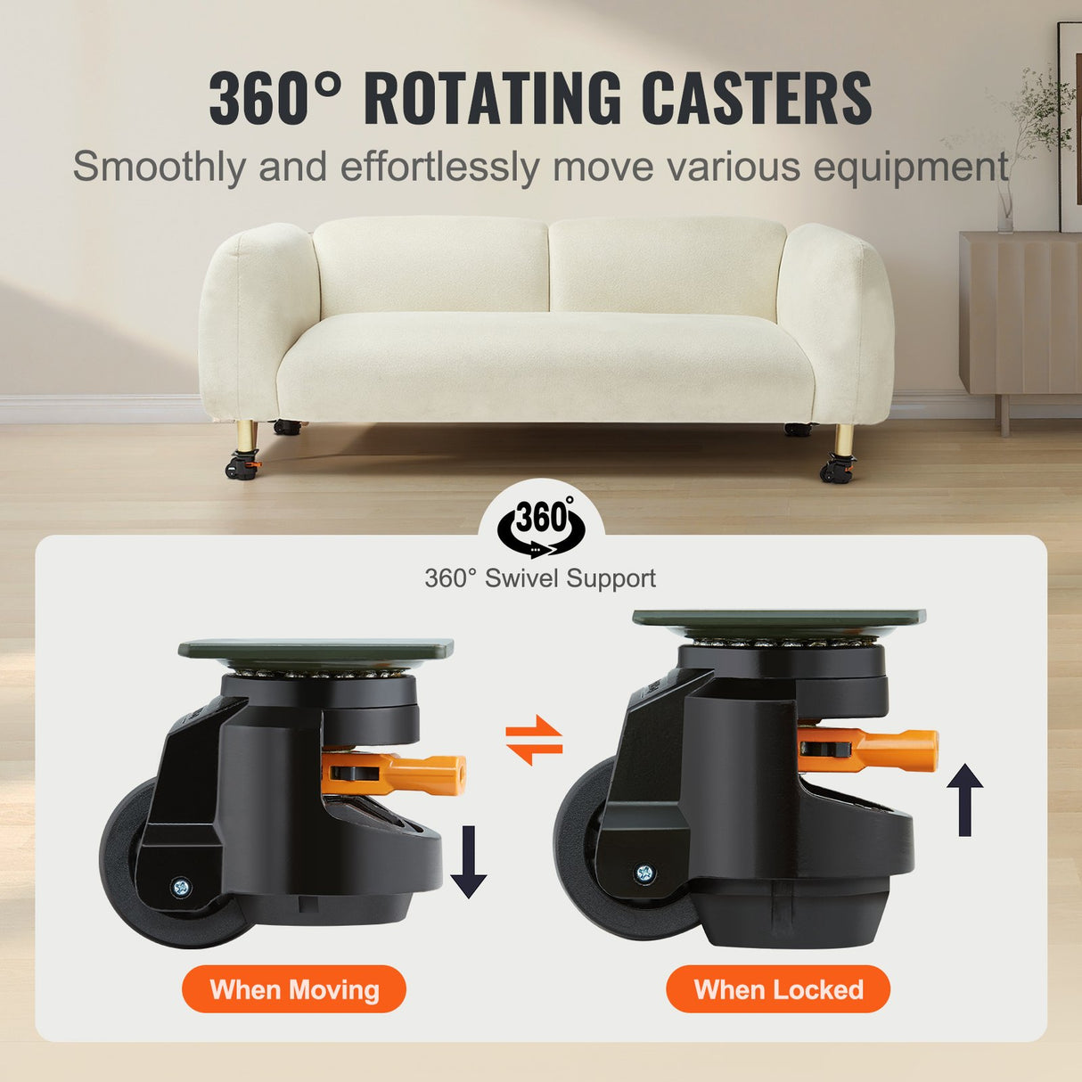 VEVOR Leveling Casters, Set of 4, 1000 kg Total Load Capacity, 63.5 mm, Heavy Duty with Upgraded Handle Design, 360 Degree Swivel Caster Wheels,