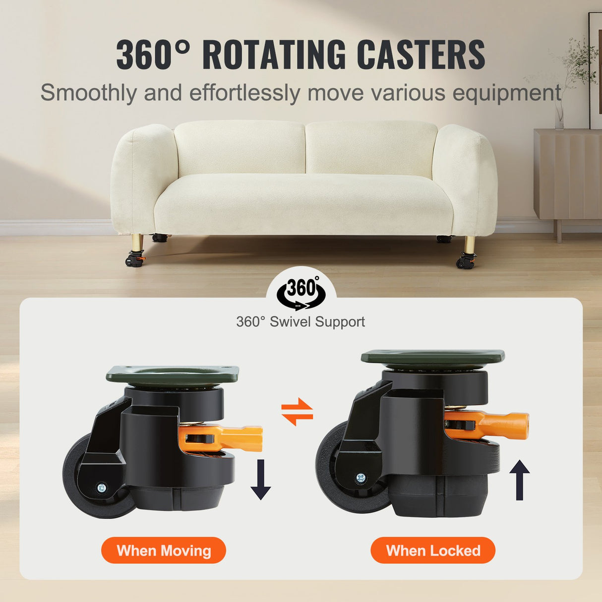 VEVOR Leveling Casters, Set of 4, 500 kg Total Load Capacity, 50.8 mm, Heavy Duty with Upgraded Hand