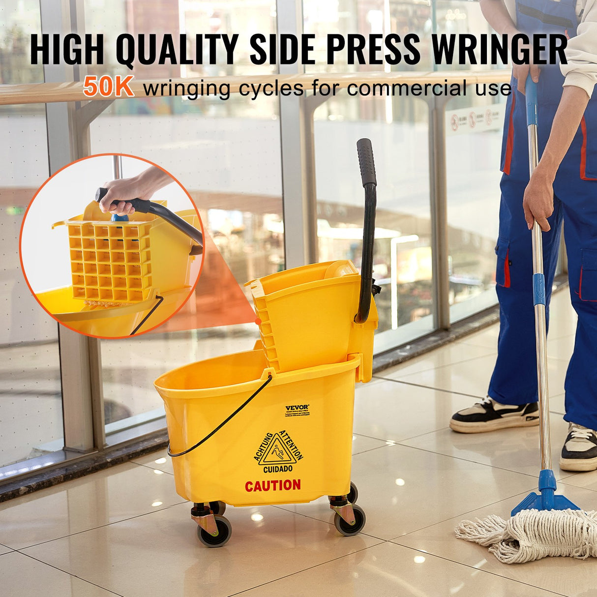 VEVOR Mop Bucket with Wringer, 26 Qt. Commercial Mop Bucket with Side Press Wringer, Side-Press Mop Bucket and Wringer Combo on Wheels, for