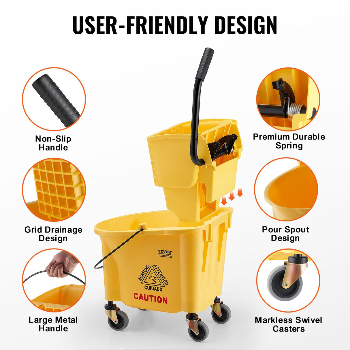 VEVOR Mop Bucket with Wringer, 26 Qt. Commercial Mop Bucket with Side Press Wringer, Side-Press Mop Bucket and Wringer Combo on Wheels, for