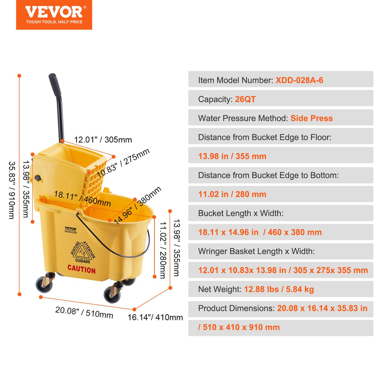 VEVOR Mop Bucket with Wringer, 26 Qt. Commercial Mop Bucket with Side Press Wringer, Side-Press Mop Bucket and Wringer Combo on Wheels, for