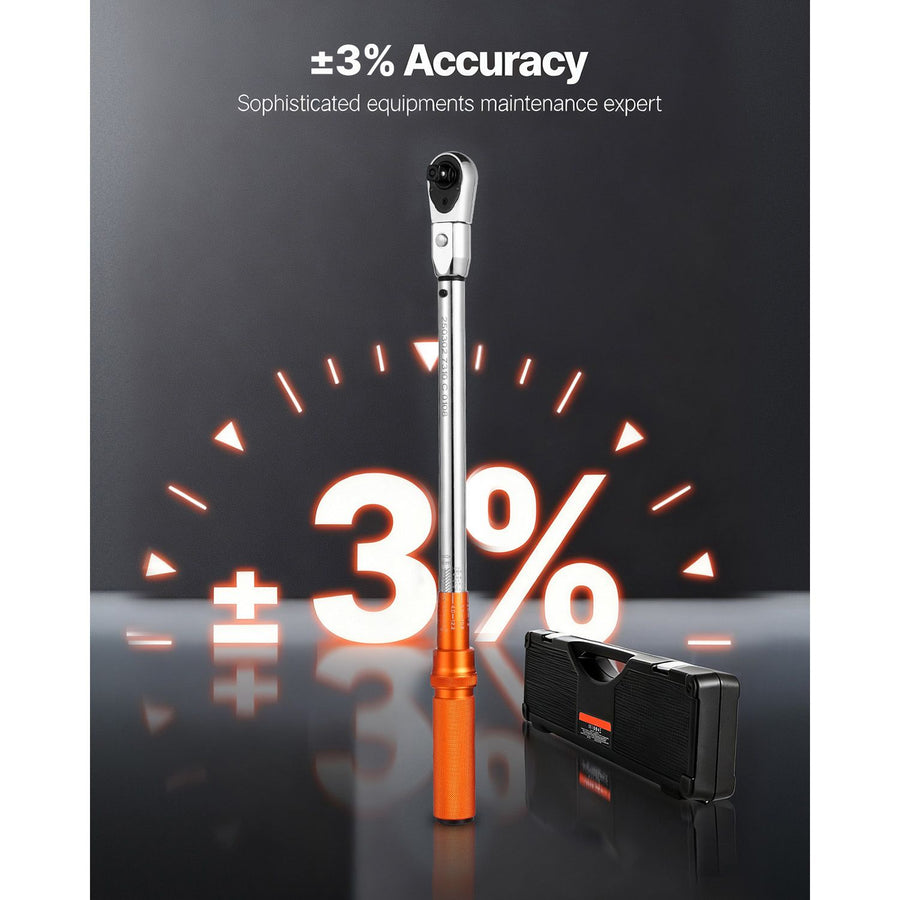 Adjustable Click Torque Wrench, 1/2 Inch Drive, 20-160 lbf-ft/27.1-216.8 N.m, Dual-direction and Dual Range Scales, 72-Tooth, ±2% Precision, with Adapter Interchangeable Jaw and Ratchet Head