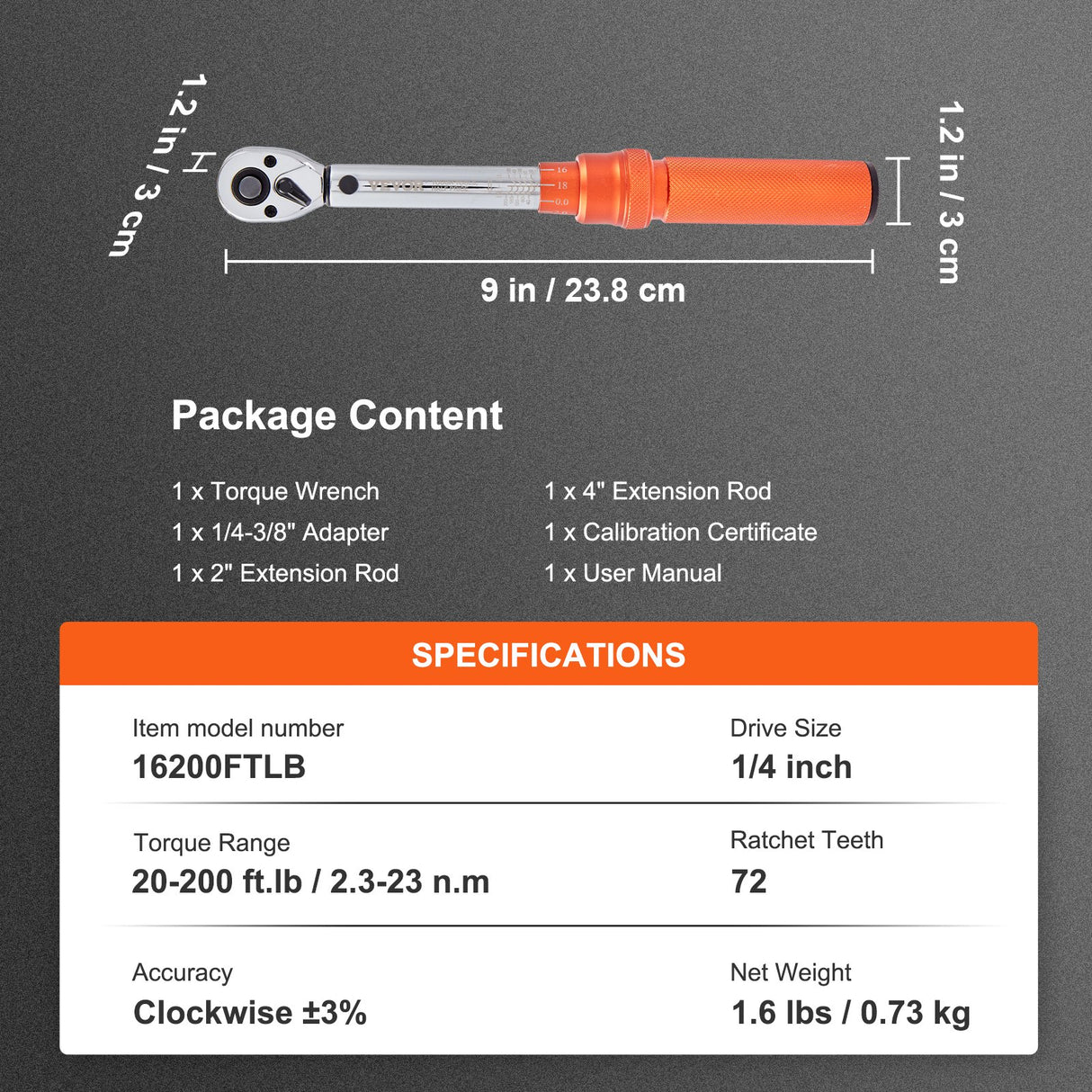VEVOR Torque Wrench Adjustable Torque Wrench 1/4" Drive 20-200in.lb/2.3-23Nm