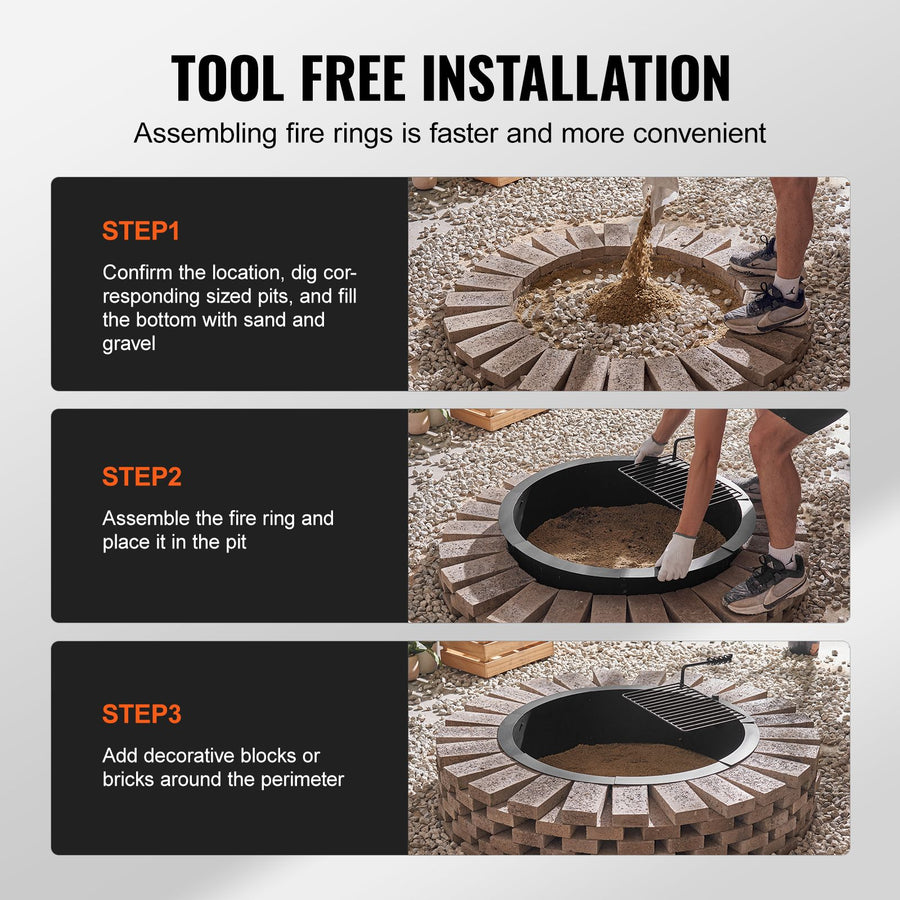 Fire Pit Ring, Fire Pit Insert with Barbecue Fire Ring, 35-In Outer/31-In Inner Diameter, 8.5in Height, Carbon Steel Liner DIY Campfire Ring above/In-Ground, for Outdoor Camping, Bonfires