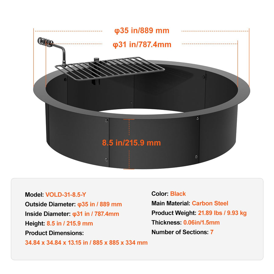 Fire Pit Ring, Fire Pit Insert with Barbecue Fire Ring, 35-In Outer/31-In Inner Diameter, 8.5in Height, Carbon Steel Liner DIY Campfire Ring above/In-Ground, for Outdoor Camping, Bonfires