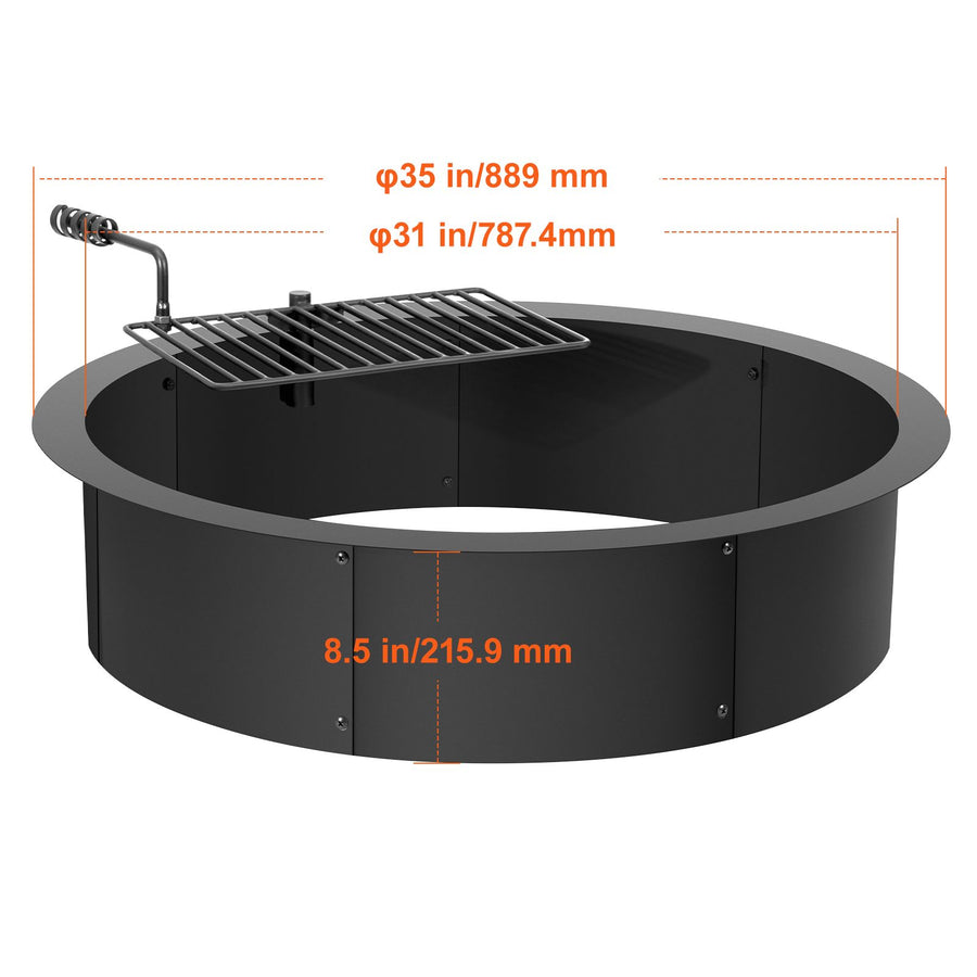 Fire Pit Ring, Fire Pit Insert with Barbecue Fire Ring, 35-In Outer/31-In Inner Diameter, 8.5in Height, Carbon Steel Liner DIY Campfire Ring above/In-Ground, for Outdoor Camping, Bonfires