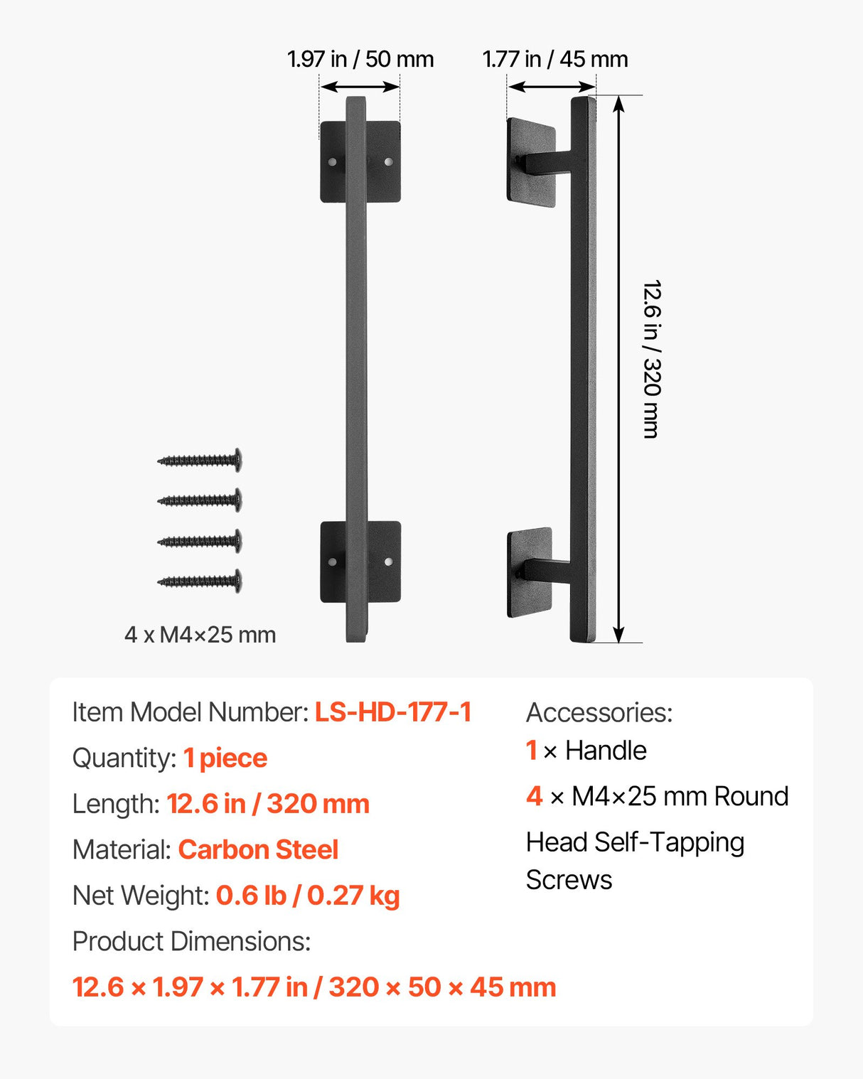 VEVOR Barn Door Handle, 320 mm Rustic Fence Gate Handle, Rust-Resistant Coating, Heavy Duty Carbon Steel Outdoor Gate Handles, Easy to Install, Metal Sliding Door Pulls for Garage Shed Closet Pantry