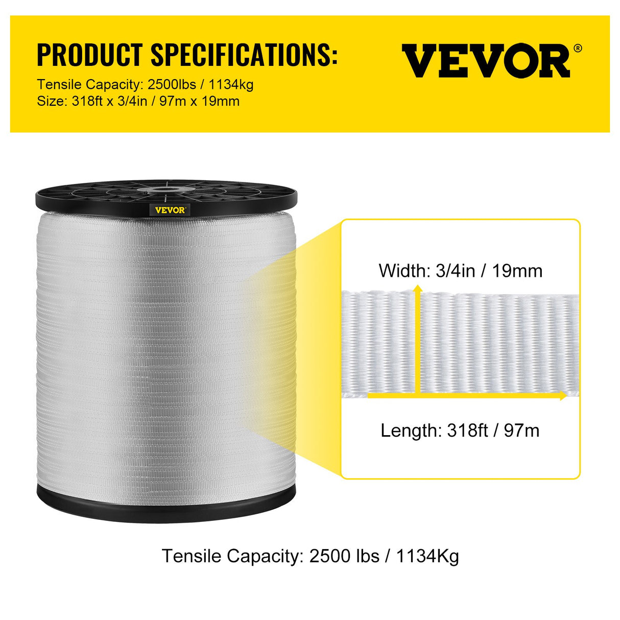 VEVOR 6000Lbs Polyester Pull Tape, 528' x 1" Flat Tape for Wire & Cable Conduit Work Variable Functions, Flat Rope for Pulling/Loading/Packing in Any
