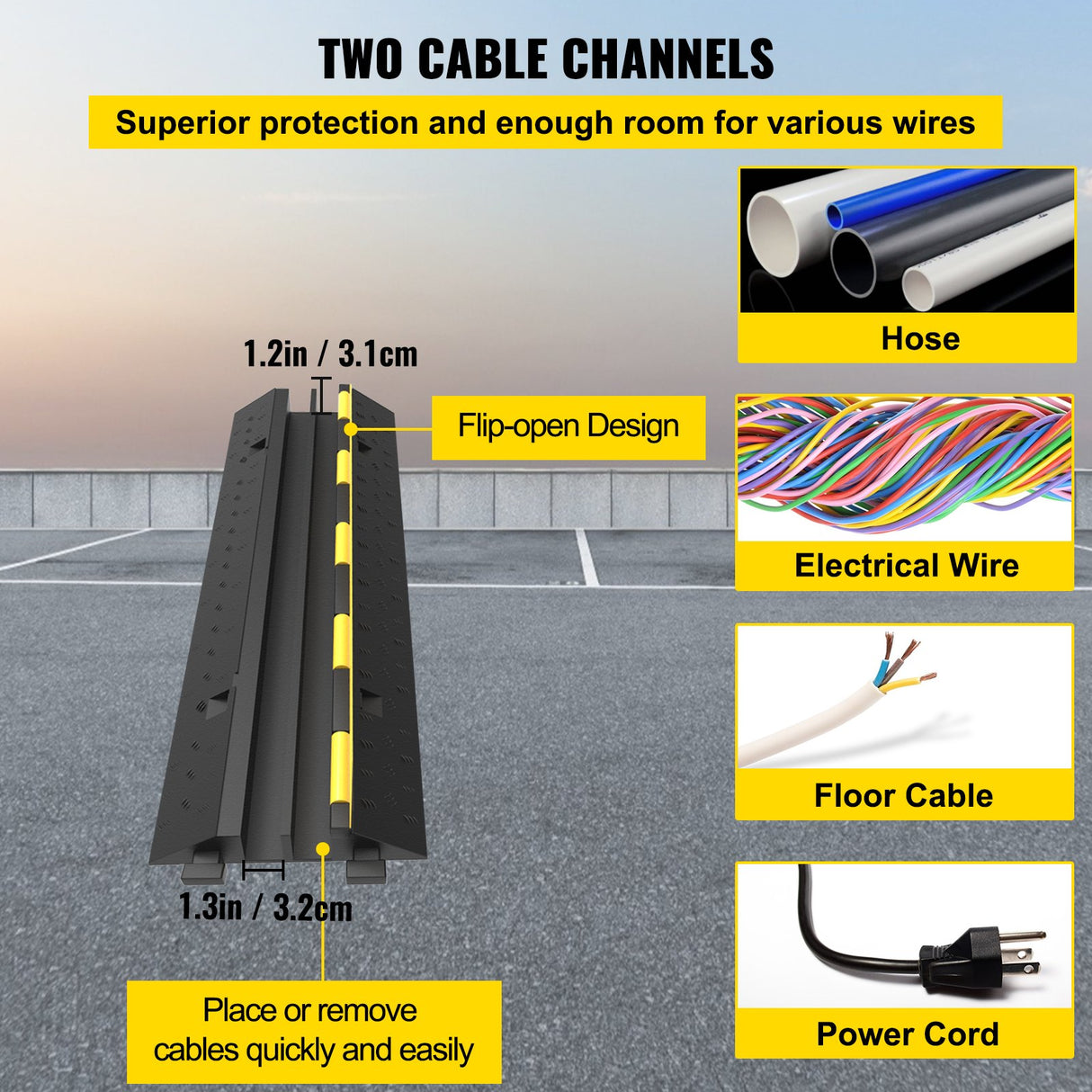 VEVOR Cable Protector Ramp, 5 Packs 2 Channels Speed Bump Hump, Rubber Modular Speed Bump Rated 11000 LBS Load Capacity, Protective Wire Cord Ramp