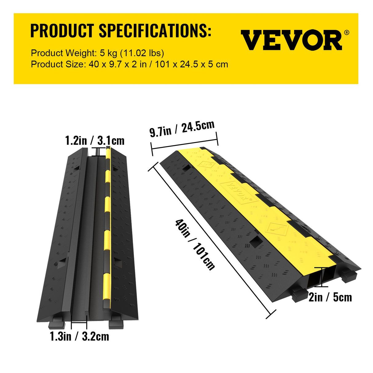 VEVOR Cable Protector Ramp, 5 Packs 2 Channels Speed Bump Hump, Rubber Modular Speed Bump Rated 11000 LBS Load Capacity, Protective Wire Cord Ramp