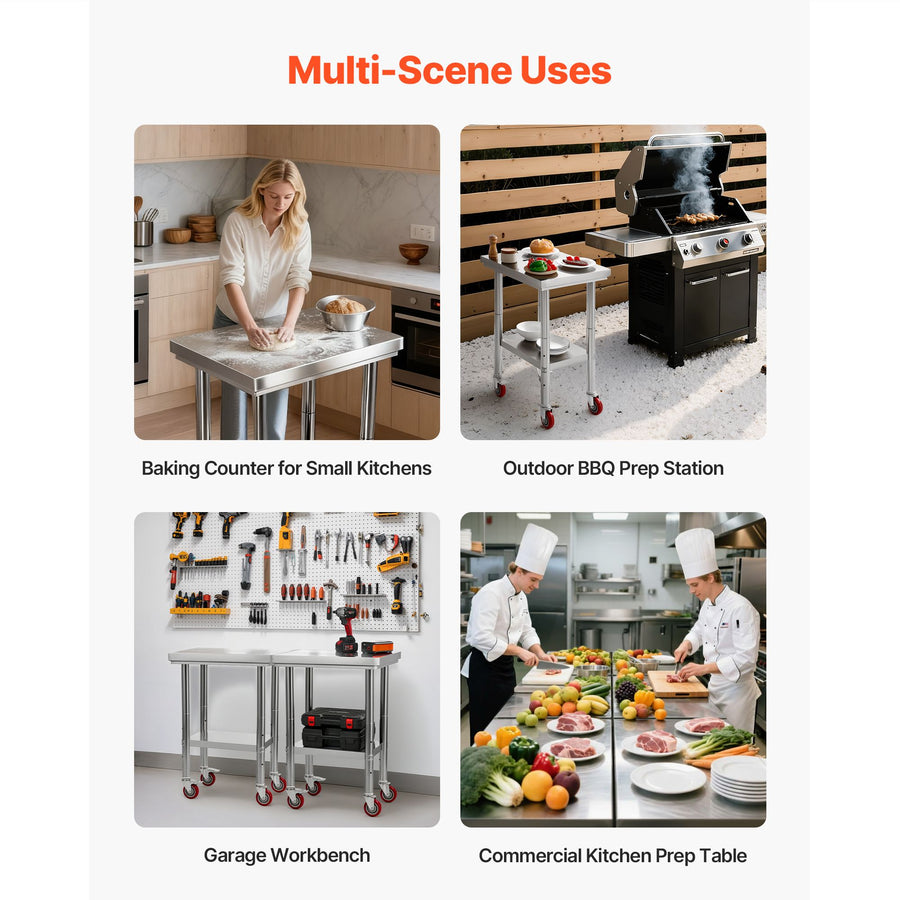 Stainless Steel Table, 61 x 45 cm Food Prep Worktable with Wheels, Kitchen Prep Table with Adjustable Undershelf Workstations for Commercial Kitchen, Restaurant, Hotel and Garage, Outdoor