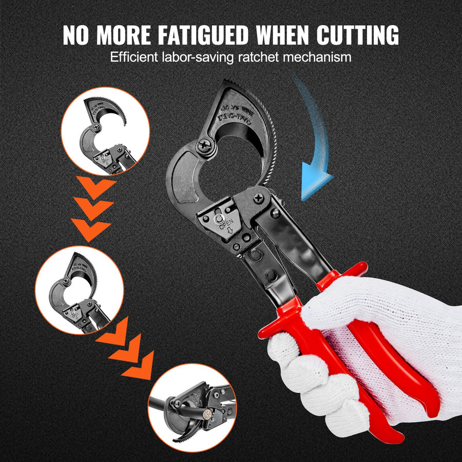 Ratcheting Cable Cutter, 250mm Ratchet Wire and Cable Cutter, Cut up to 240 mm², with Comfortable Grip Handles, Easy to Use Quick-Release Lever, Silicon-Manganese Spring Steel Blade