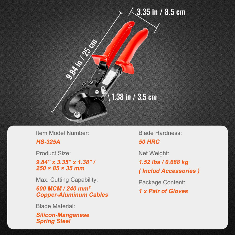 Ratcheting Cable Cutter, 250mm Ratchet Wire and Cable Cutter, Cut up to 240 mm², with Comfortable Grip Handles, Easy to Use Quick-Release Lever, Silicon-Manganese Spring Steel Blade
