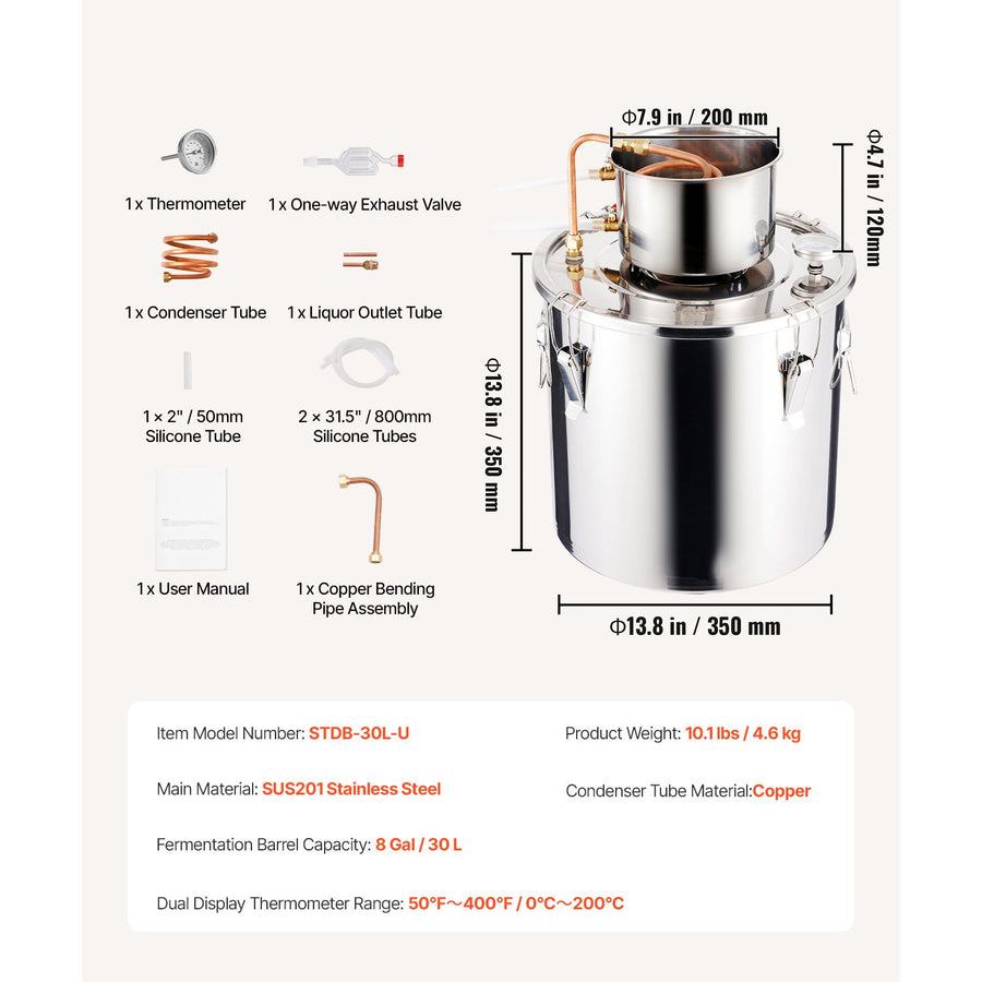 Moonshine Still 8 Gal Water Alcohol Distiller Brewing Kit Stainless Steel