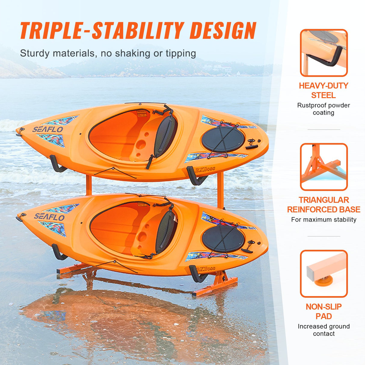 VEVOR Freestanding Kayak Storage Rack, Kayak Stand for 2 Kayak Canoe Paddleboard, Heavy-duty Steel Kayak Hanger Holder with Padded Arms and Adjustable Width, 79.5kg Max Load, for Indoor Outdoor Garage