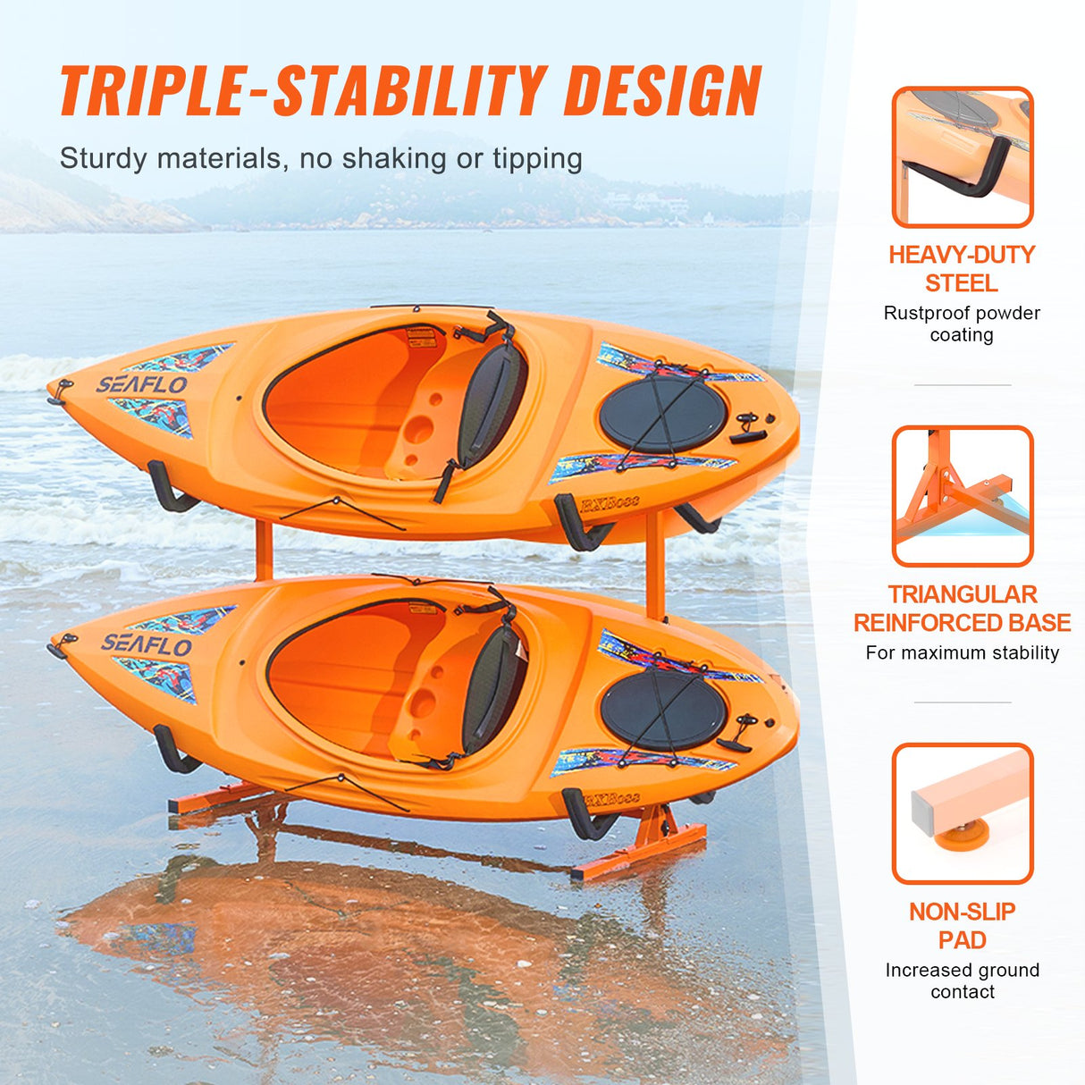 VEVOR Freestanding Kayak Storage Rack, Kayak Stand for 4 Kayak Canoe Paddleboard, Heavy-duty Steel Kayak Hanger Holder with Padded Arms and Adjustable Width, 100 kg Max Load, for Indoor Outdoor Garage