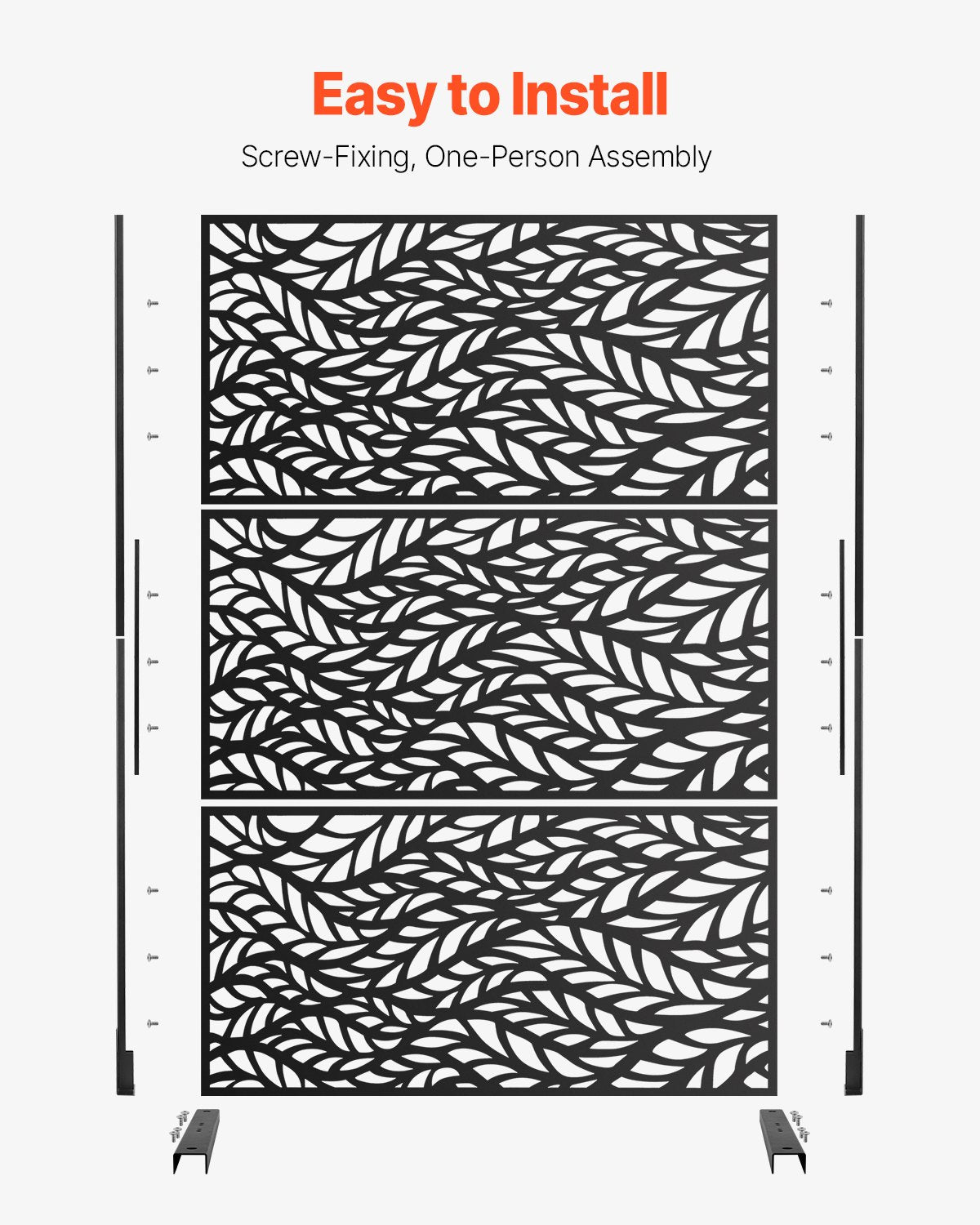 VEVOR Metal Privacy Screen, 47" W x 72" H, Outdoor Privacy Screens & Panels, Freestanding Outdoor Divider with Stand, 3-Panel Decorative Garden Steel Privacy Fence for Balcony Patio Indoor Room Black