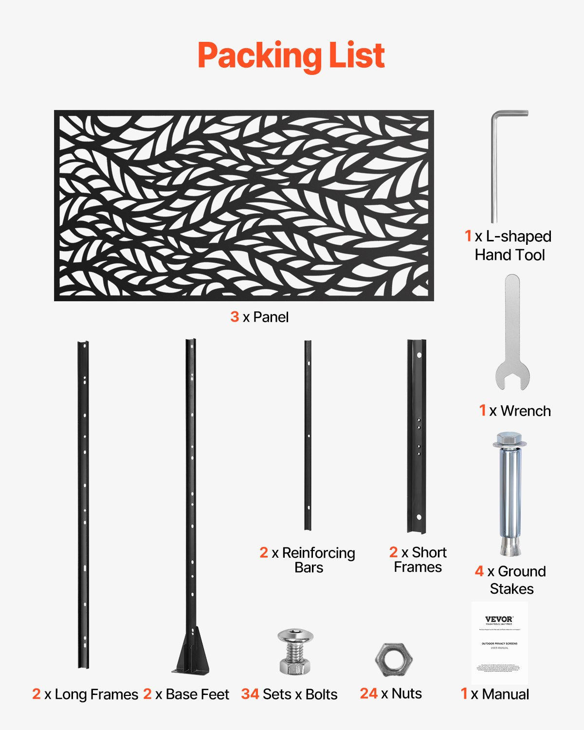 VEVOR Metal Privacy Screen, 47" W x 72" H, Outdoor Privacy Screens & Panels, Freestanding Outdoor Divider with Stand, 3-Panel Decorative Garden Steel Privacy Fence for Balcony Patio Indoor Room Black