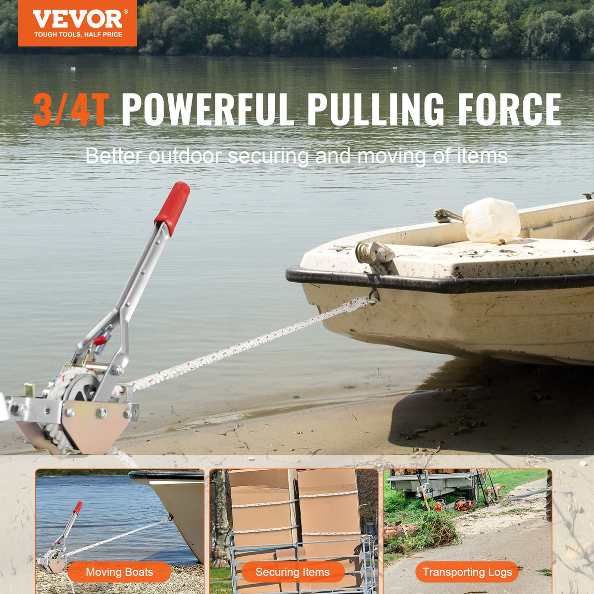 VEVOR Rope Puller, 3/4 Ton Pulling Capacity, with 30.48 m of 15 mm dia. Rope, 2 Hook, Come Along Winch, Heavy Duty Ratchet Power Puller Tool for