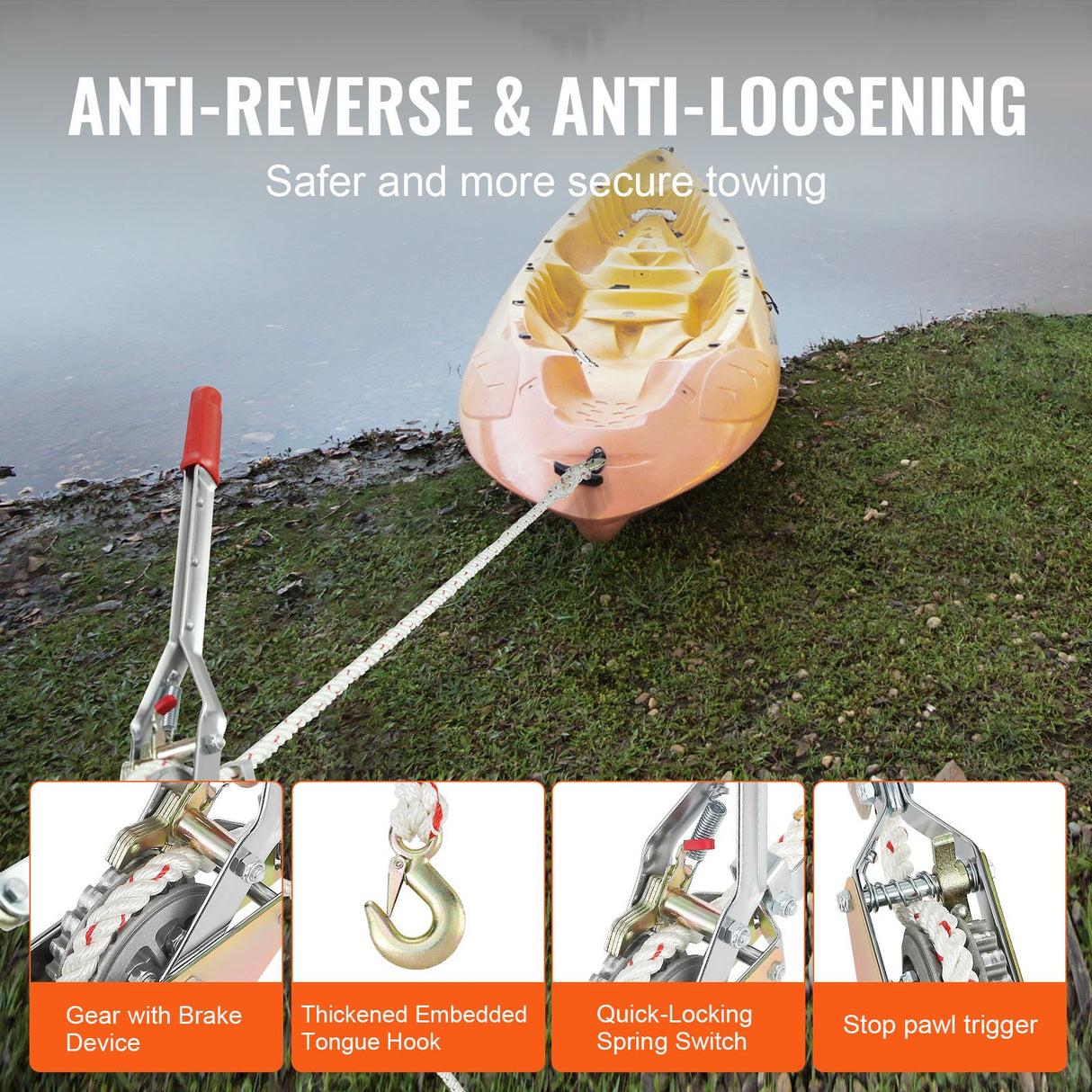 VEVOR Rope Puller, 3/4 Ton Pulling Capacity, with 30.48 m of 15 mm dia. Rope, 2 Hook, Come Along Winch, Heavy Duty Ratchet Power Puller Tool for Moving Boats, Securing Items, Transporting Logs