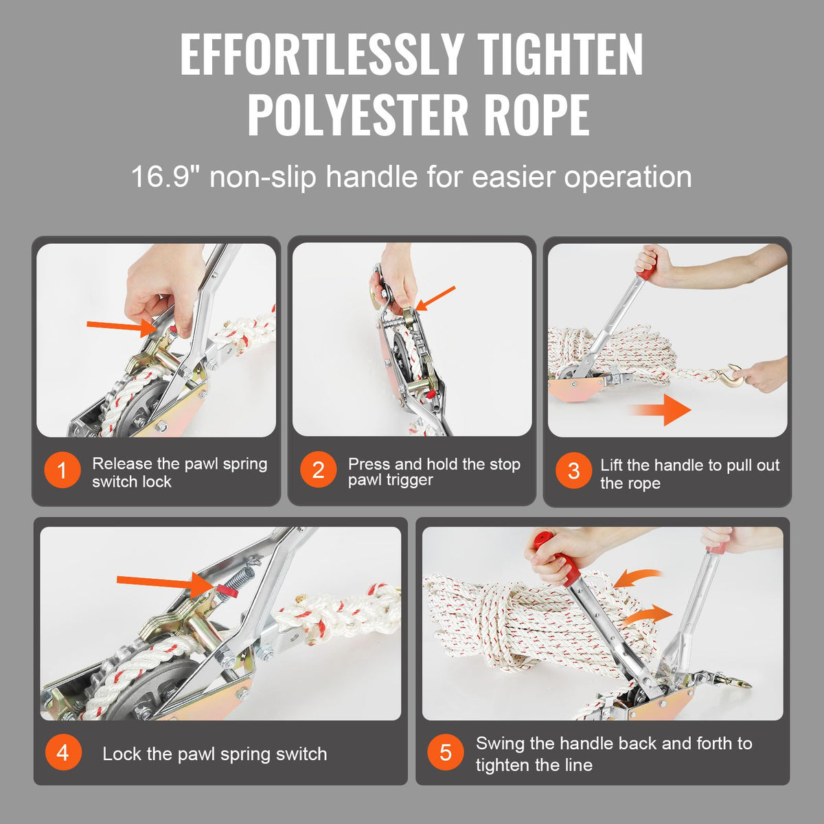 VEVOR Rope Puller, 3/4 Ton Pulling Capacity, with 30.48 m of 15 mm dia. Rope, 2 Hook, Come Along Winch, Heavy Duty Ratchet Power Puller Tool for